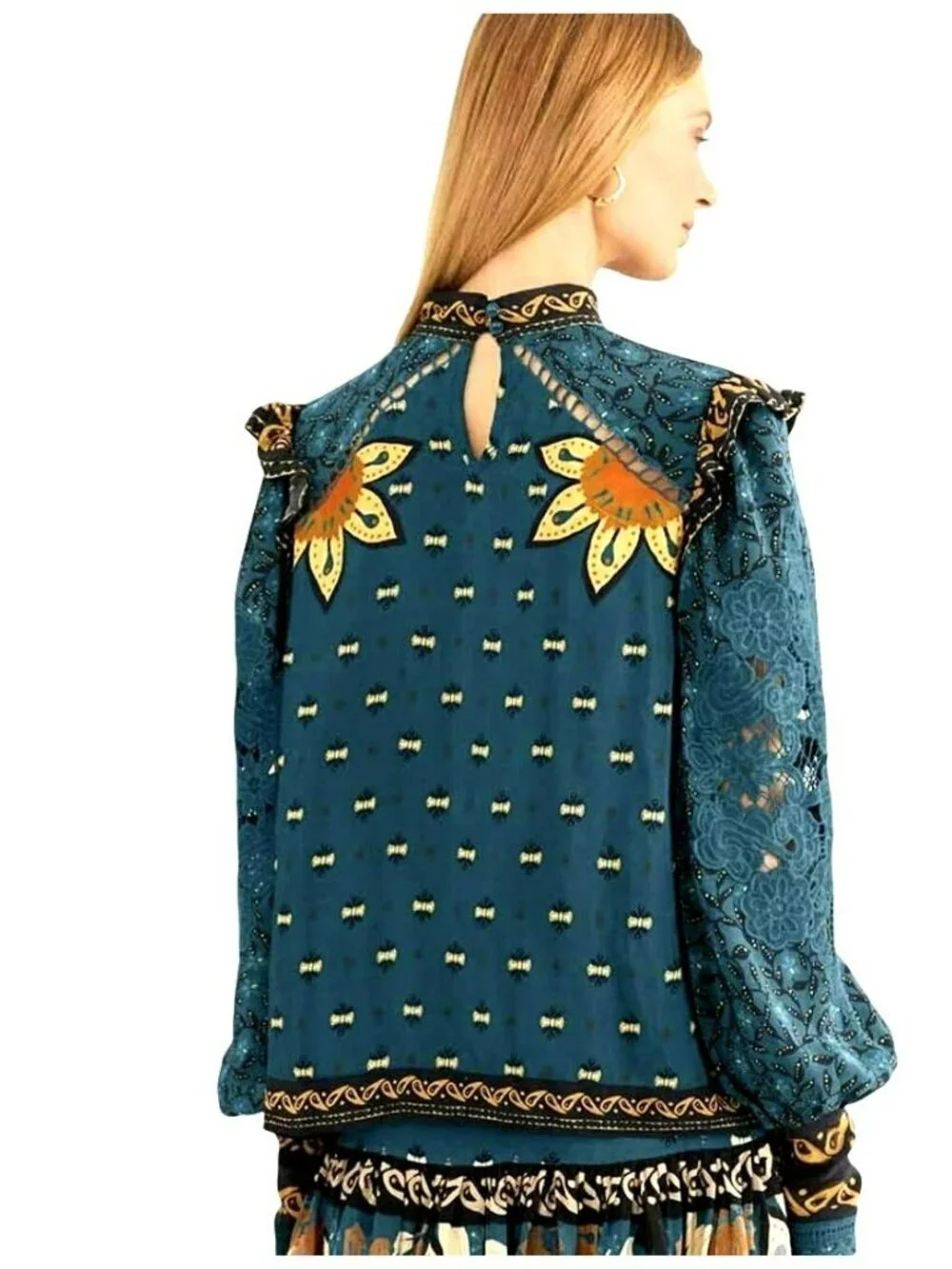 Farm Rio Blue Ainika Chill Long Sleeve Blouse Small New